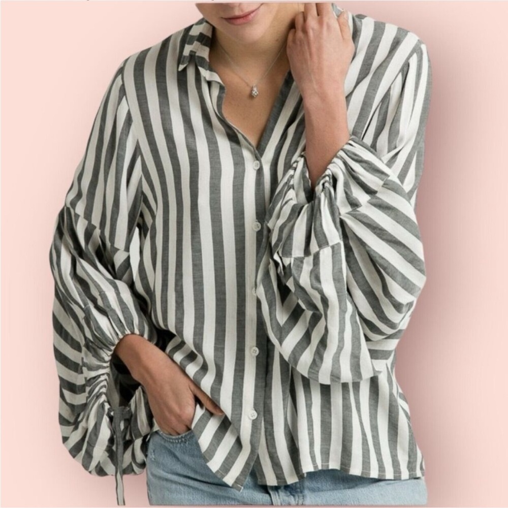 Anthropologie Harshman Violetta Linen Striped Top Size Small Balloon Sleeve